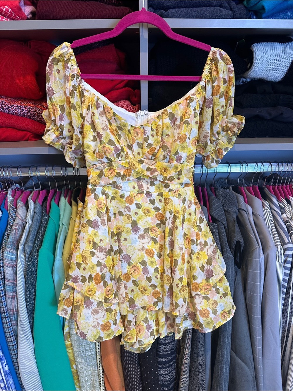 Luxxel yellow floral short sheer sleeve back zipper closure lined romper size M